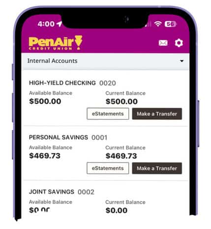graphic of PenAir mobile app screen that shows the Accounts page