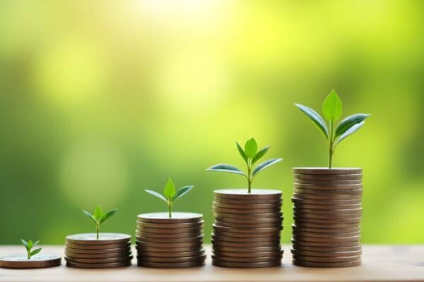 stack of coins with plants growing out of top of them