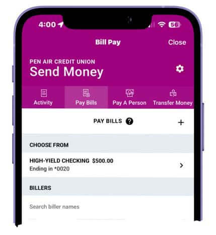 graphic of PenAir mobile app screen that shows the Bill Pay page